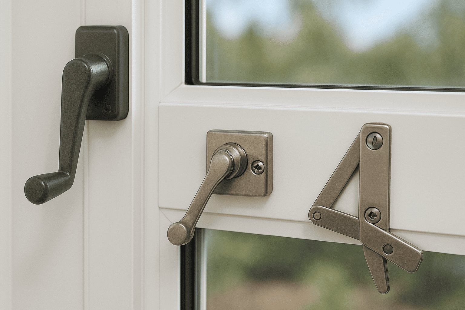 Key awning window parts: cranks, locks and hinges